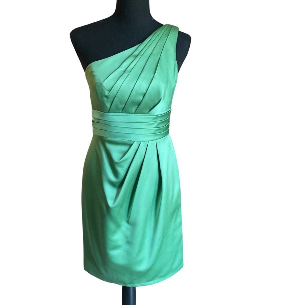 David's Bridal One-Shoulder Sage Green Cocktail Dress - Picture 2 of 9